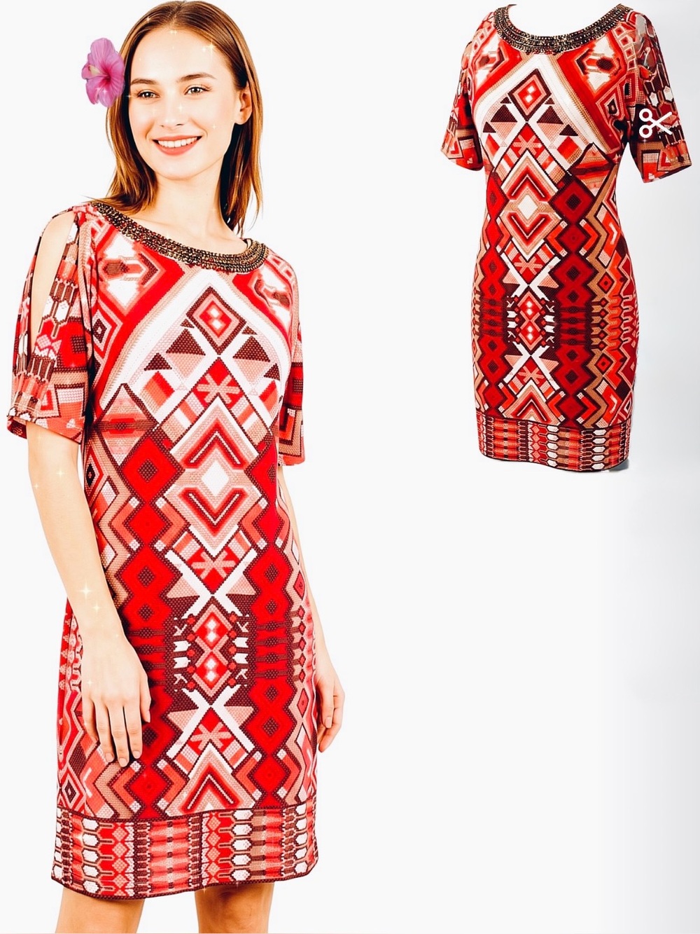 Chico's Red/Brown Geometric Cold-Shoulder Shift Dress with Beaded Neckline